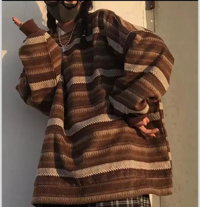 

Autumn Winter Knitted Striped Sweater Women Casual Oversized Pullovers Sweaters Loose Warm Jumper Streetwear Teen Knitwear
