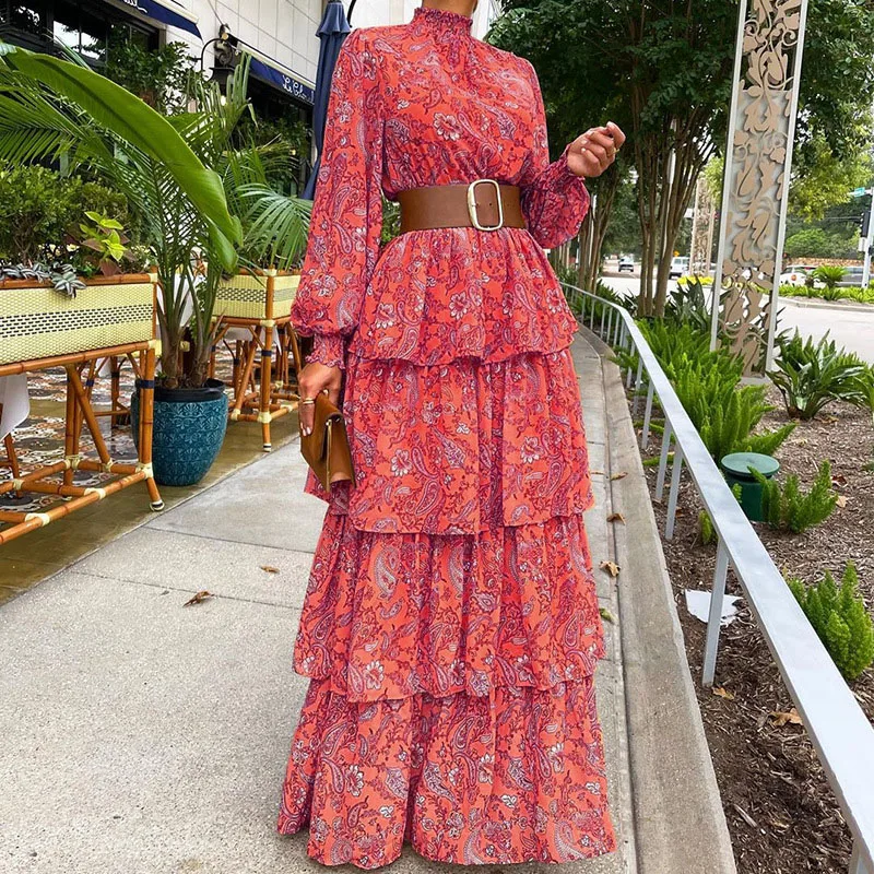 

Spring New Elegant Cascading Ruffles Party Dress Women Floral Printed Lantern Sleeve Long Dress Female Popular Cake Maxi Dress