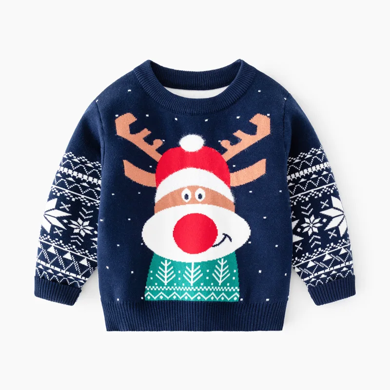 

Sweater Knit Kids Clothes Autumn Winter Warm Navy Blue Chirismas Deer Soft Long Sleeve Coat Outerwear For Baby Toddlers
