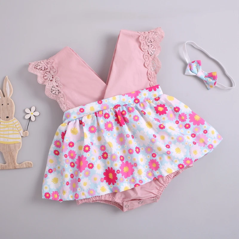 

Baby Summer Outfit, Flower Print Lace Trim V-Neck Sleeveless Romper with Skirt Hem+ Headband, 0-24 Months