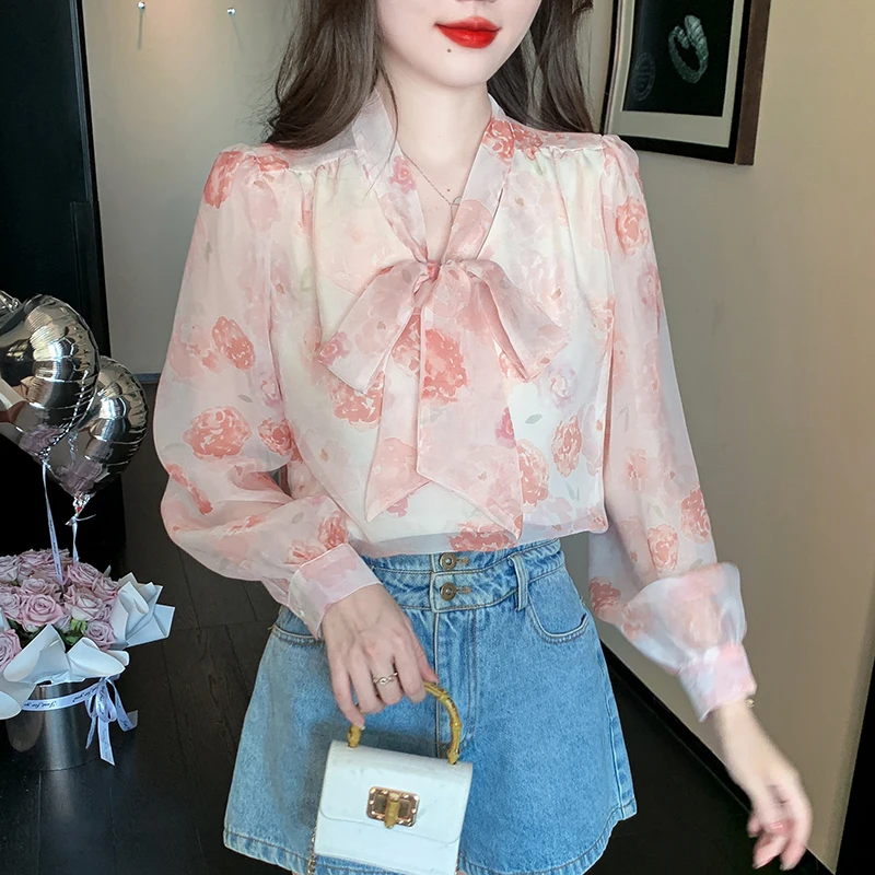 

Женская шифоновая блузка с цветочным принтом, свободная Повседневная Блузка с длинным рукавом, круглым вырезом и бантом, лето 2023