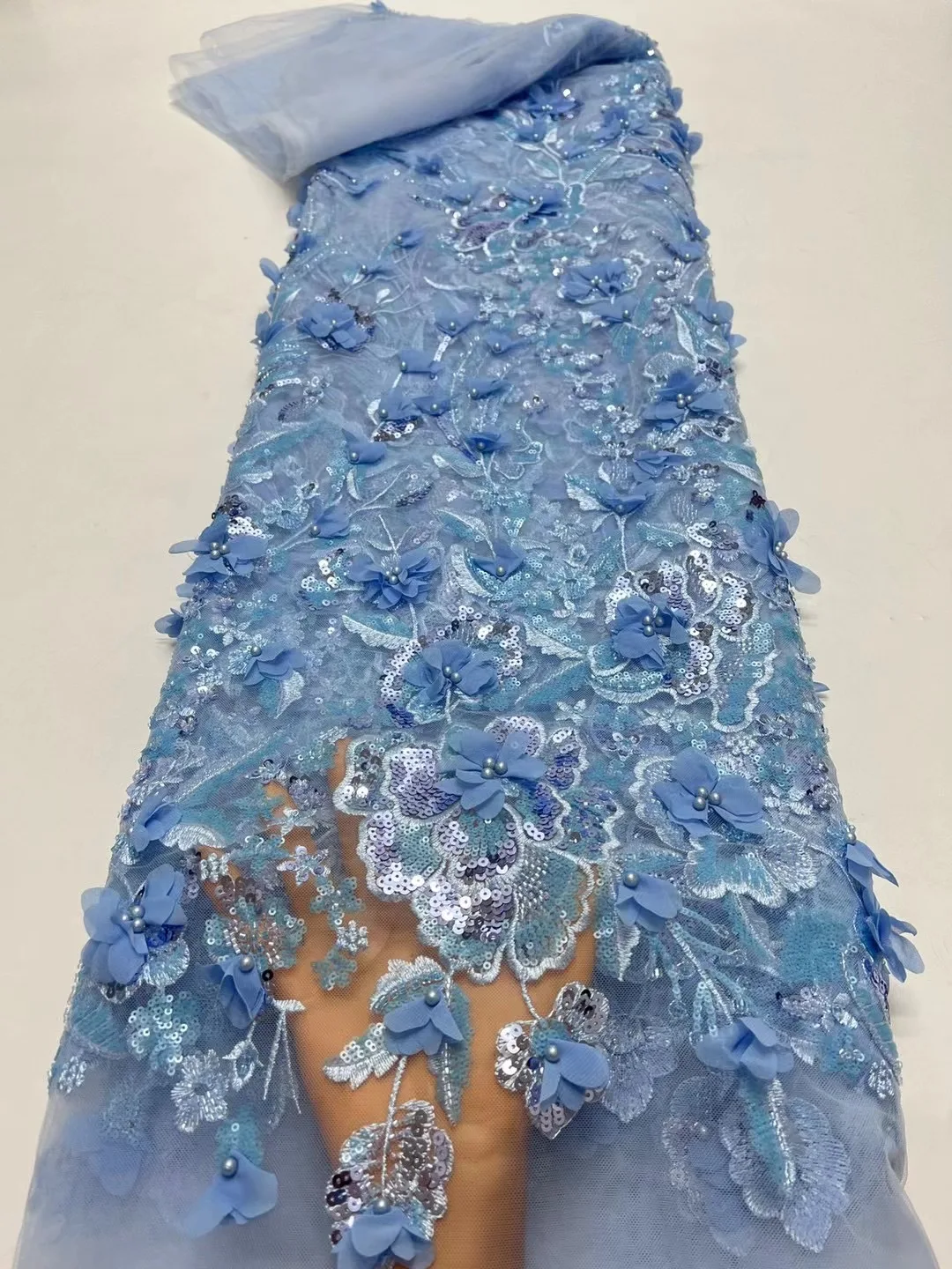 Новейшая французская кружевная ткань 2024 с 3D вышивкой цветочными блестками