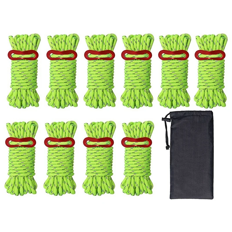 

10 Pack 4Mm Camping Rope Reflective Guy Lines With Aluminum Guyline Adjuster Tensioners Polyester Tent Ropes