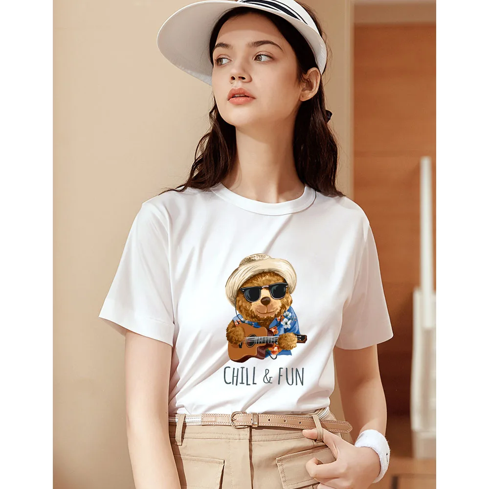 

Summer Women Cute Bear Printing Lover Clothing Cotton Tees Short Sleeve T Shirts Ladies Casual Harajuku Y2k Clothes Female Tops