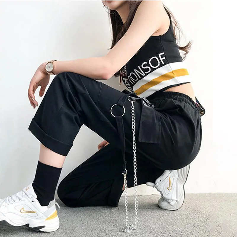 Брюки-карго женские с цепочкой летние прямые брюки в Корейском стиле хип-хоп