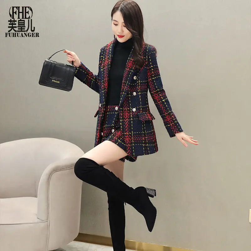 High end knitted suit women's and shorts two-piece new plaid top coat in autumn and winter of 2023