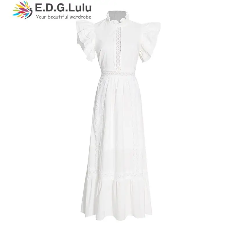 

Кружевные Длинные платья EDGLuLu с воротником-стойкой и вырезами в стиле пэчворк для женщин 2022 Роскошное дизайнерское свободное белое платье с...
