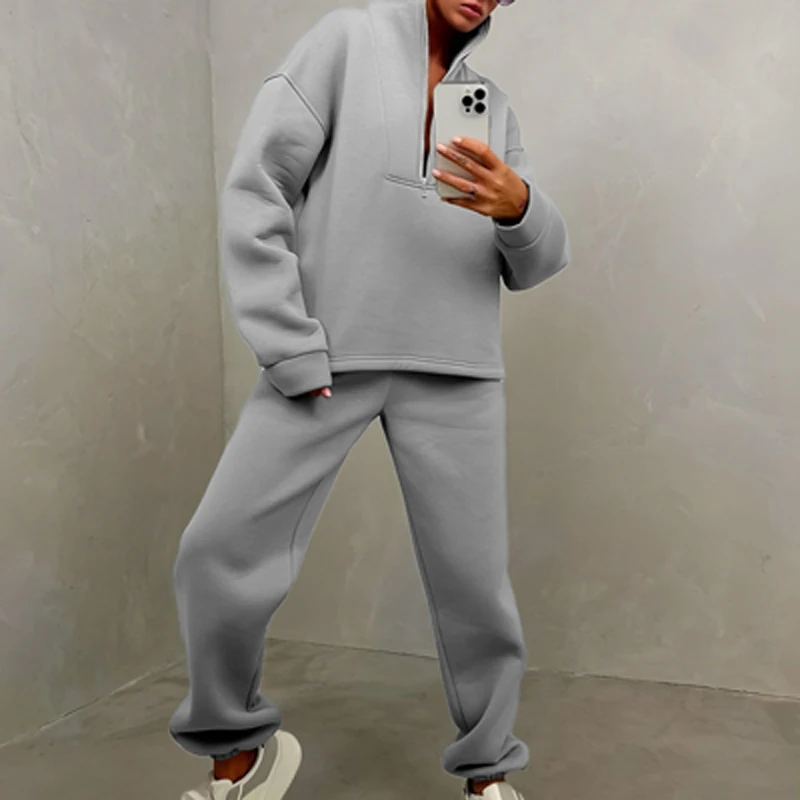 

Autumn Thick Solid Sportwear Suit New Loose Streetwear Women Outfits Casual Zippered Turtleneck Pullover and Long Pants 2pc Set