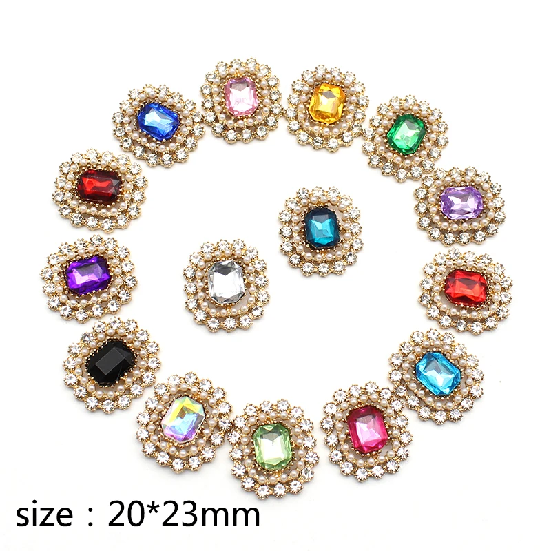 

New 10pcs20*23mm Rectangular Alloy Pearl Rhinestone Flat Bottom Button DIY Wedding Clothing Hair Accessories Decorative Ornament