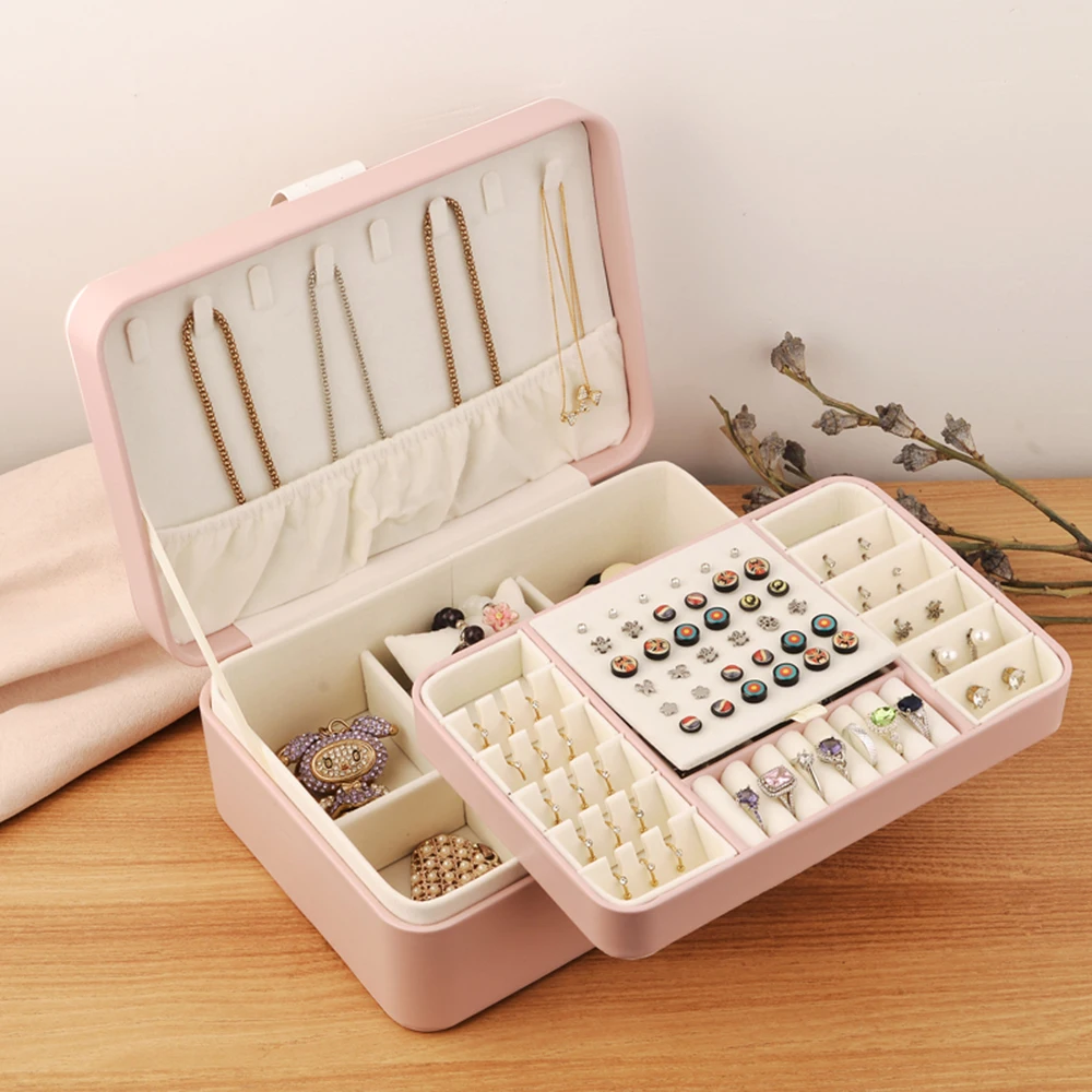 2-Layer Jewelry Box Organizer PU Leather Watch Storage Case Earrings Rings Necklaces Display Holder with Removable Tray Gift