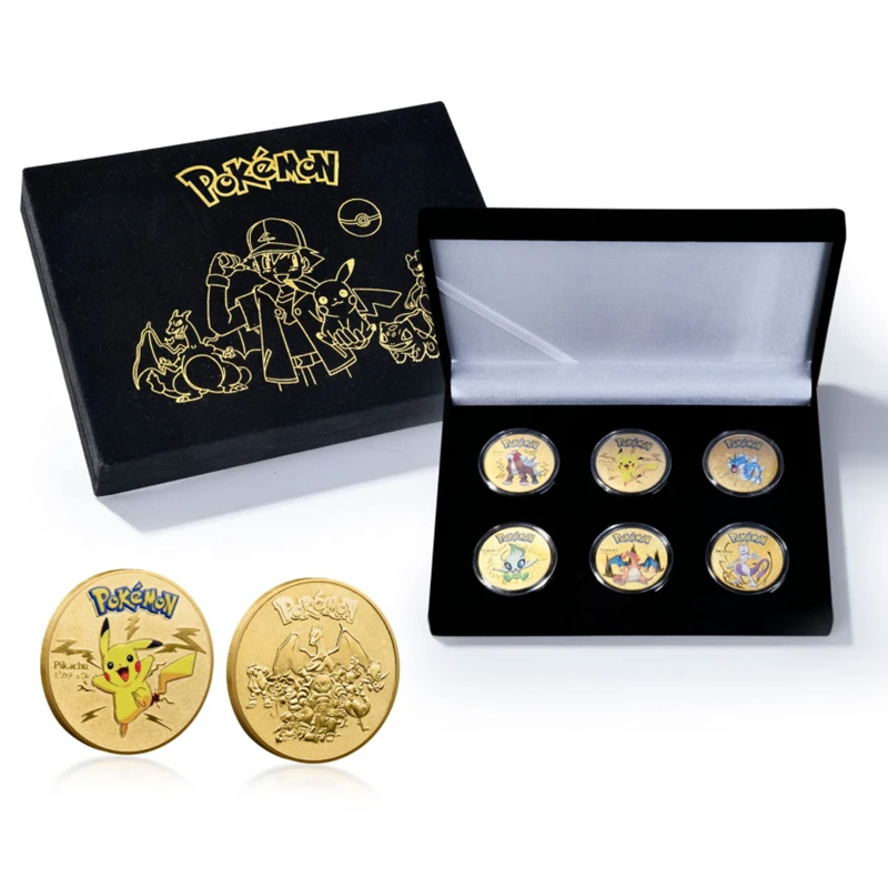 

2022 New 6pcs Japanese Anime Pokemon Cartoon Gold Coin Set Children's Game Pikachu Commemorative Coin Birthday Christmas Gift