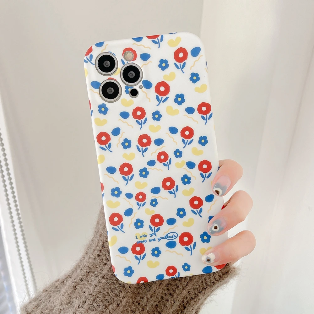 

Slim Matte White Back Little Red Blue Flower Phone Case for iPhone 11 12 13 Pro 12Pro Max X XS Max XR Protective Silicone Cover