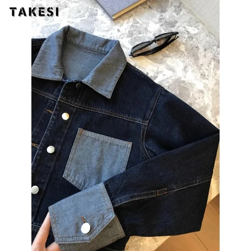 

Женская джинсовая куртка, повседневная однобортная Свободная куртка составного кроя с отложным воротником, джинсовая куртка в Корейском стиле, модель Y2K на зиму, 2023