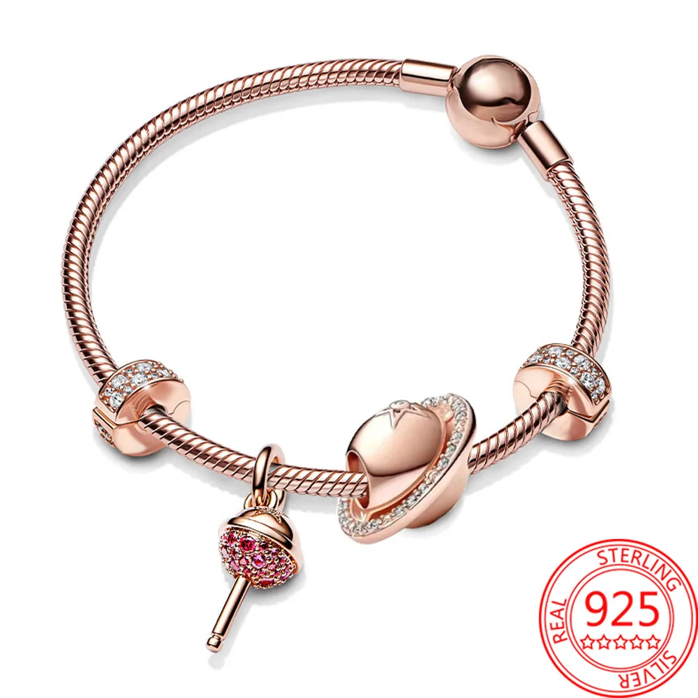 

Noble 925 Sterling Silver Pave Zircon Lollipop Dangle Charm Earth Beads Clip With Rose Gold Bracelet Women Jewelry Gift Set