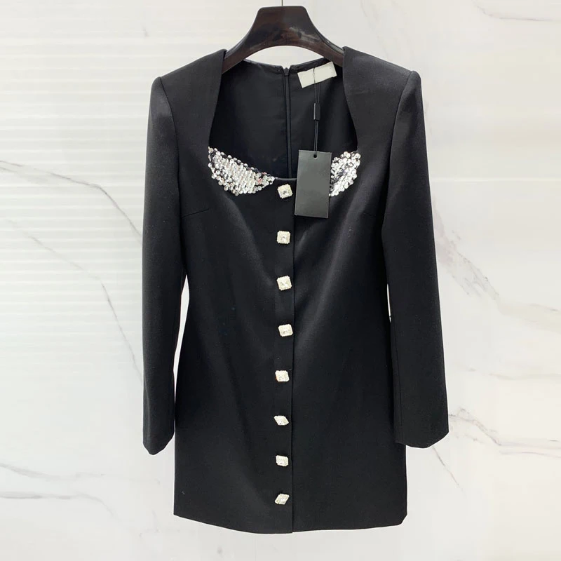 

Женское шерстяное модельное платье, элегантное черное однобортное платье с квадратным вырезом и блестками, одежда с длинным рукавом