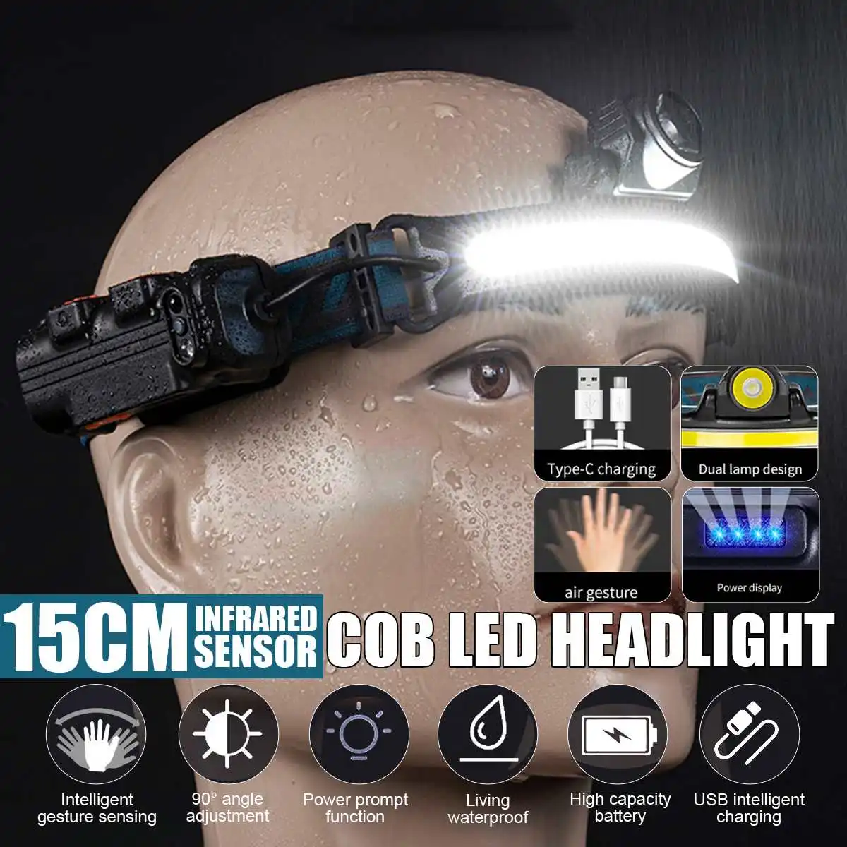 

LED Headlamp COB Head Lamp with Built-in Battery Flashlight USB Rechargeable Head Torch 5 Lighting Modes Weatherproof Head Light