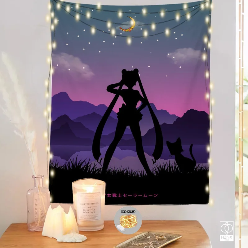 

Sailor Moon Tapestry with Lights Wall Hanging Minimalist Art Style Tapestries Kawaii Girl Bedroom Aesthetic Home Decoration