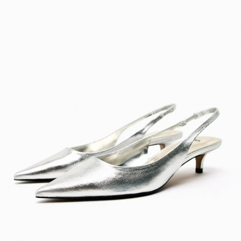 

TRAF Silver Kitten Heels For Women 2023 Fashion Pointed Toe Slingbacks Pumps Elegant Woman Heeded Shoes Office Lady Luxury Mules
