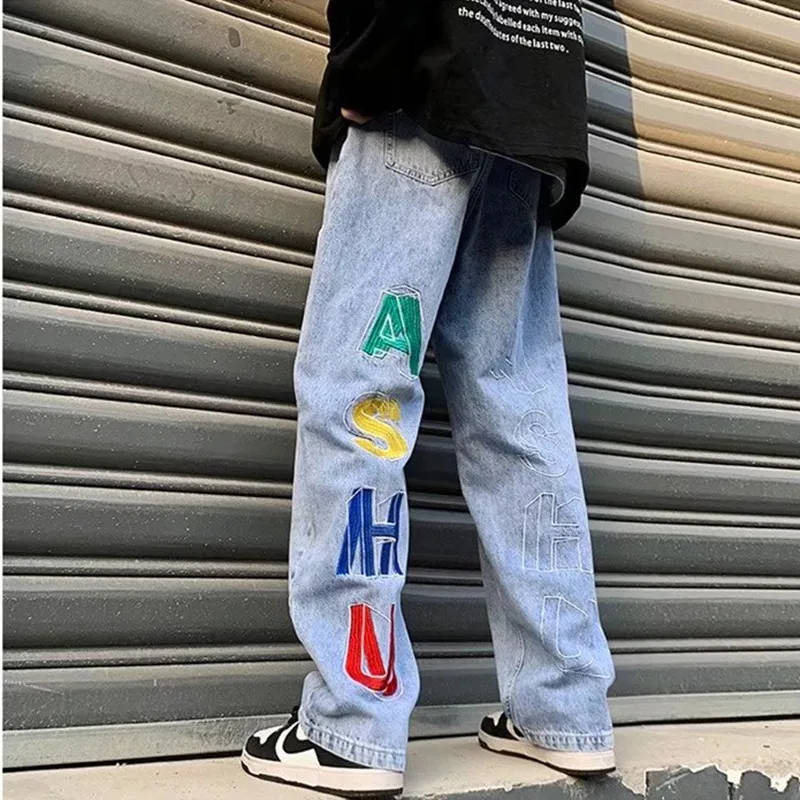 2022 Vibe Style Letter Embroidery Straight Men Wide Jeans Trousers Hip Hop Punk Male Y2K Casual Denim Pants Baggy Pantalon Homme