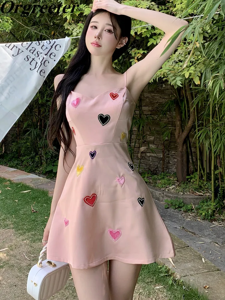 

Korean Fashion Sweet Dresses for Women Sexy Sleeveless Slim Fit Mini Party Dress Embroidered Rhinestones Satin Summer Vestido