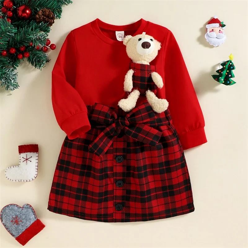 

Christmas Kids Girls Clothes Sets 2pcs Long Seeve Pullover Bear Doll Sweatshirt+Plaid Printed A-Line Skirts