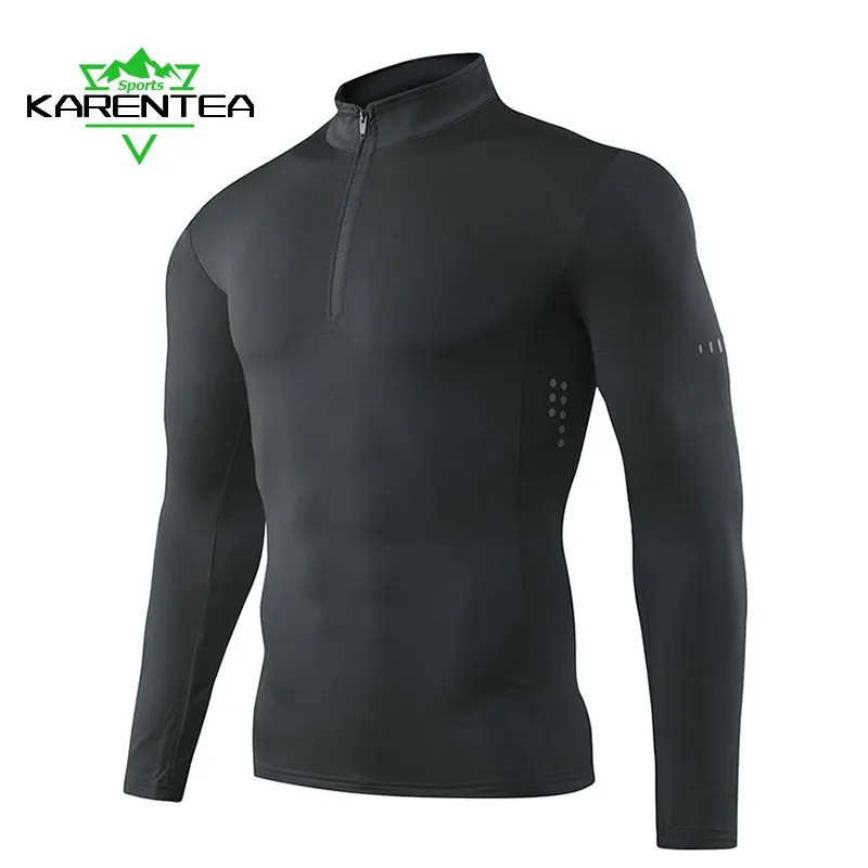 

Karentea Men Running T-shirt Long Sleeve Night Running Reflective Quick Dry Sweatshirt Male Gym Jogging Top Half Zipper Clothing