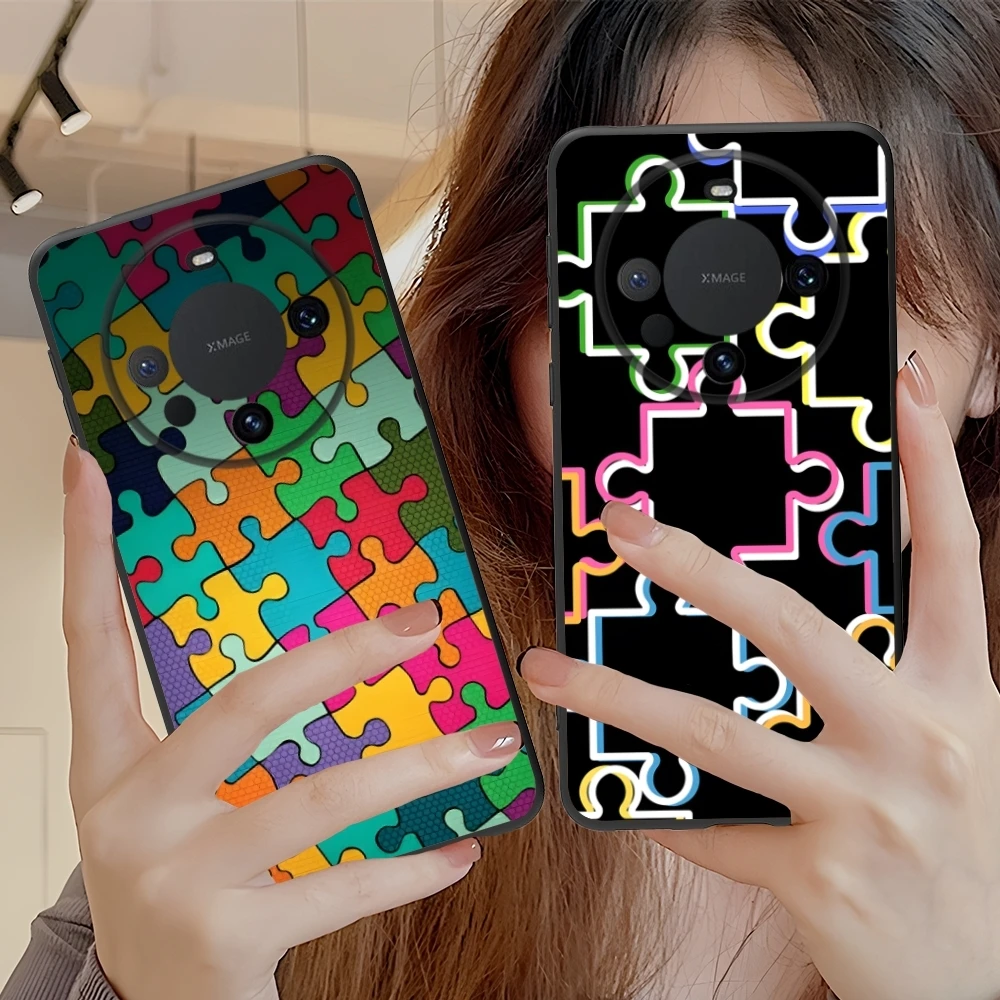 Puzzle Fashion Pretty Mobile Cell Phone Case for Huawei Mate 60 50 40 30 20 10 Pro Plus Lite E 5G Black Soft Cover Shell