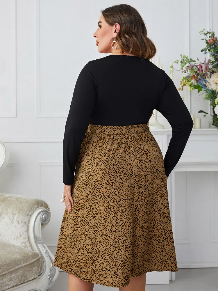Fashion Leopard print plus size loose long-sleeved women party dresses