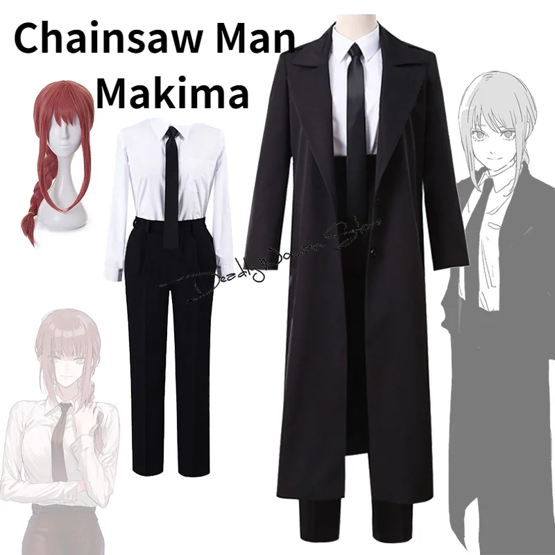 Disfraz de motosierra de Anime para hombre y mujer, traje de Cosplay de Makima, camisa de gabardina negra, pantalones de corbata, peluca larga trenzada roja ligera, uniforme de traje
