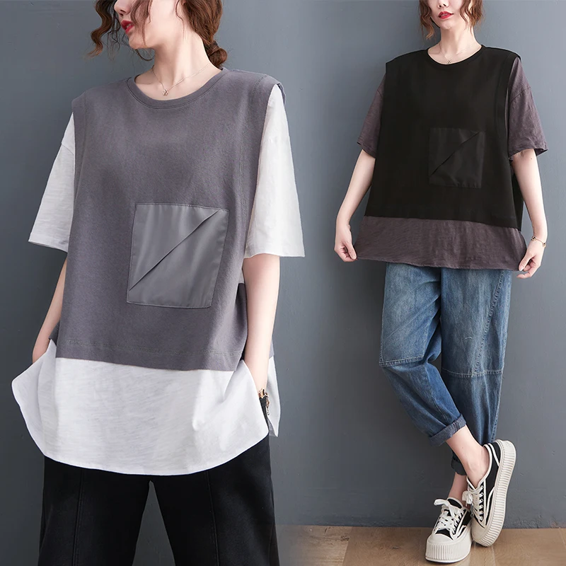 

Summer Woman Tshirts Oversized Tops Fake Two Fashion Tees 2023 Ropa Mujer Contrast Color Casual Y2k Tshirts Clothes for Teens