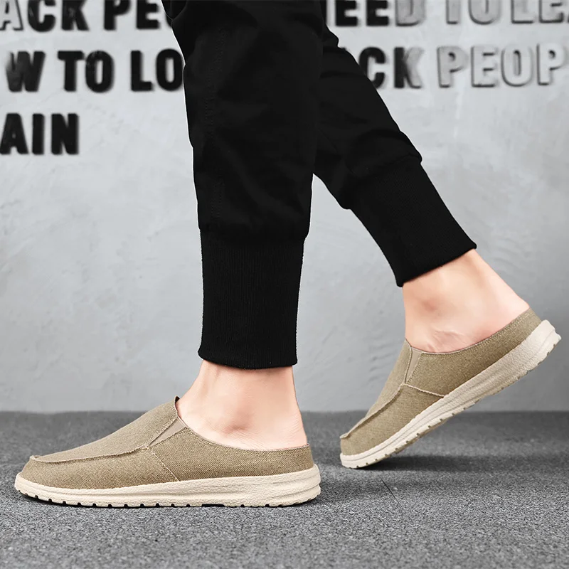 Men's Canvas Slip-ons Gray Slippers Summer Man Galoshes Breathable Casual Loafer Shoes for Men Men's Flat Driving Shoes Big Size images - 6