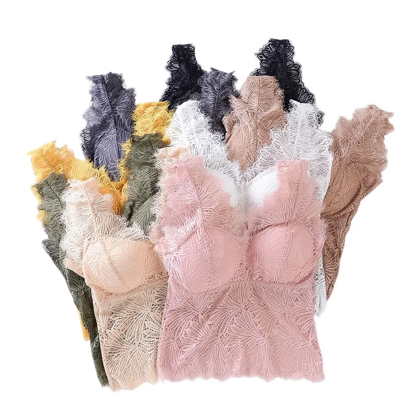 

V Neck Tops Women Lace Crop Top Female Sexy Lingerie Underwear V Back Cropped Tops Fashion Lace Brassiere Tank Top Removable Pad