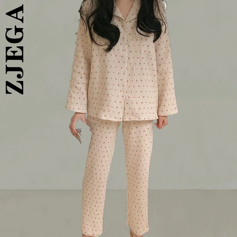 Модная женская пижама Zjega комплект из хлопковой рубашки на пуговицах и брюк с