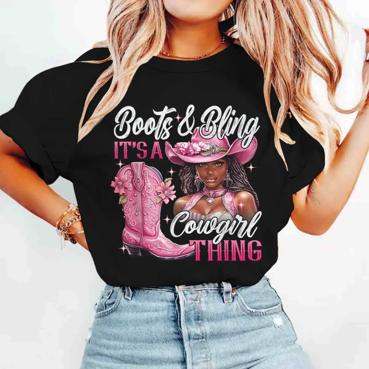 Фото Ретро-сапоги и Bling its a Cowgirl Thing Графическая футболка Модные повседневные футболки с короткими рукавами Футболки с принтом тай-дай Женская одежда №1