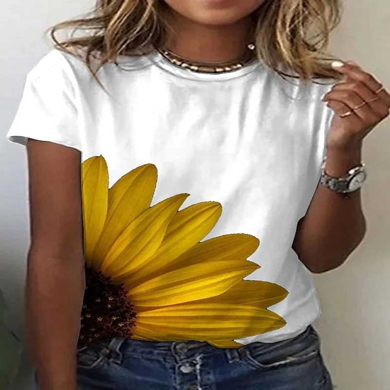 

Summer 2022 3D Sunflower Women's Floral Print Casual T-Shirt, Polyester Trendy Crew Neck and Floral Harajuku Quick Dry Clothing