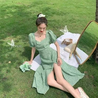 french square neck floral dress womens 2022 summer new korean version of the temperament is thin split puff sleeve skirt dress