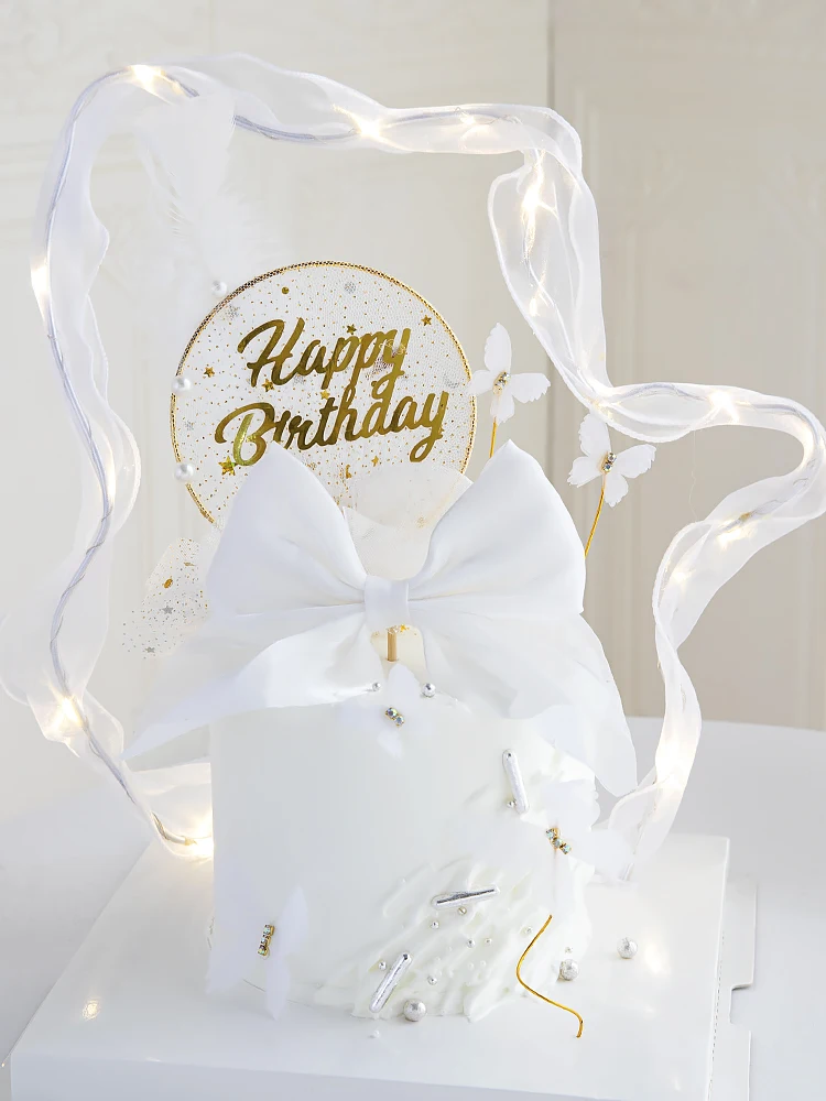 

White Butterfly Cake Decoration Happy Birthday Cake Topper Bow Tie Handmade Painted for Wedding Birthday Party Baby Shower
