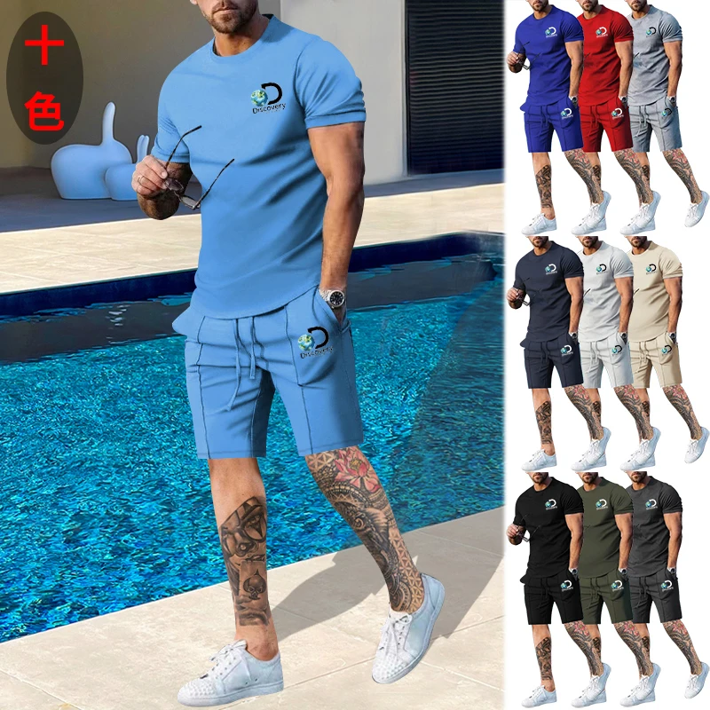 

2023 Summer Smooth Men's Suit Round Neck Casual Top + Sports Drawstring Elastic Waist Fitness Shorts Boutique Two-Piece Set