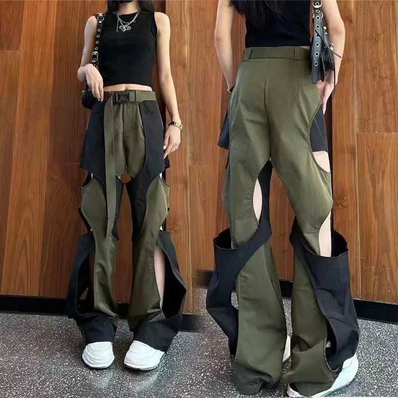 

Korean Women Y2K Streetwear Top Set Harajuku Contrasting Color Pants Men Sweatpants Hollow Out Wide Leg Joggers Trousers Clothes