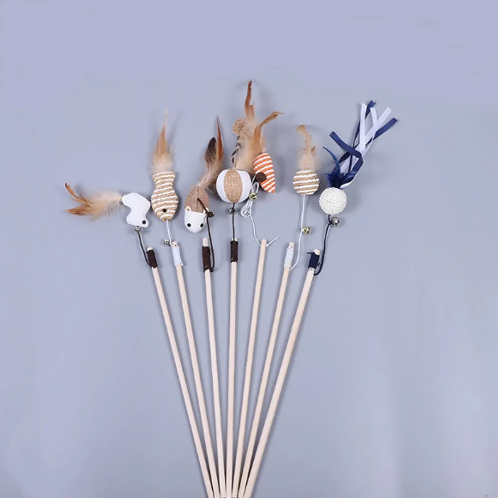

New Wood Pet Toys Cat Teaser Rod Interactive Funny Cat Rod Linen Knitted Stick With Mini Bell Cat Accessories Pet Supplies