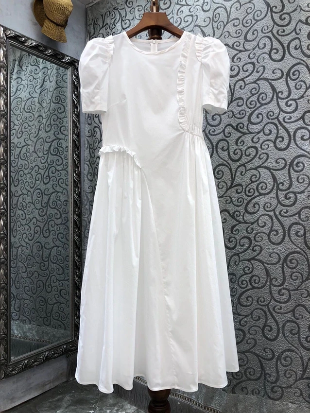 2023 new women fashion bubble short sleeve round neck solid color pendulum simple long dress dress 0404