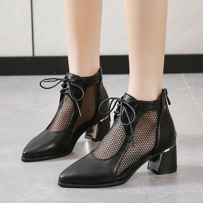 

Lucyever fashion back zipper boots women 2022 summer pointed toe high heels booties woman breathable mesh lace-up shoes mujer