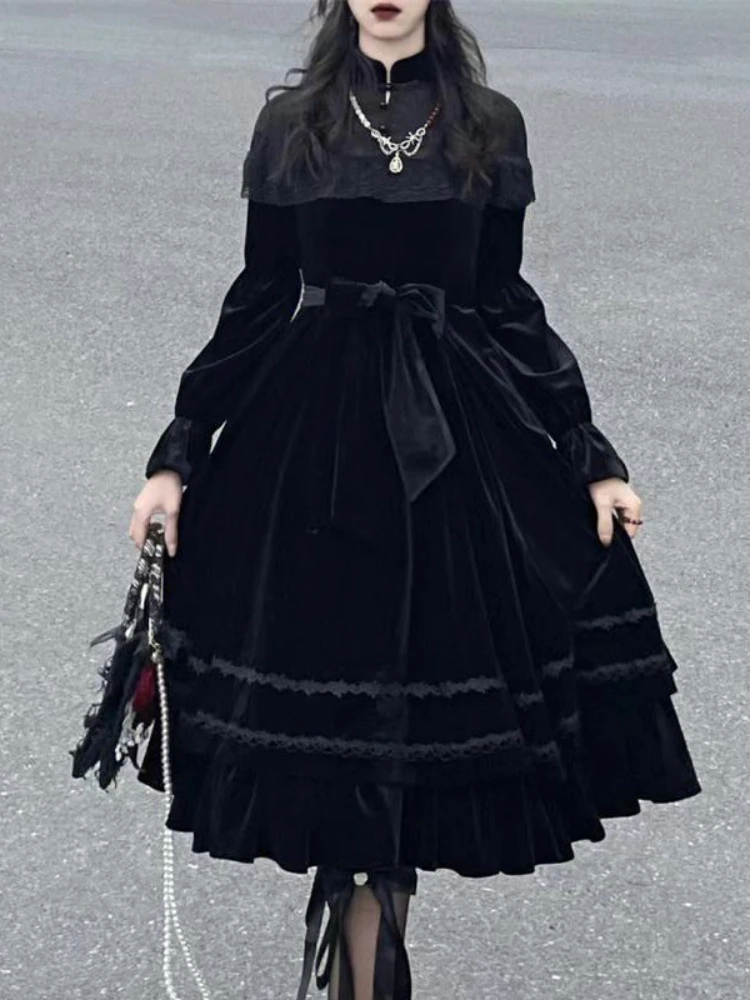 

HOUZHOU Gothic Lolita Dress Black Vintage Lace Patchwork Long Sleeve Dresses Women Elegant Chic Belt French Style Female Robe
