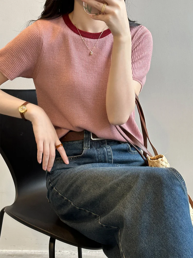 Женская футболка с коротким рукавом элегантная свободная тонкая трикотажная из