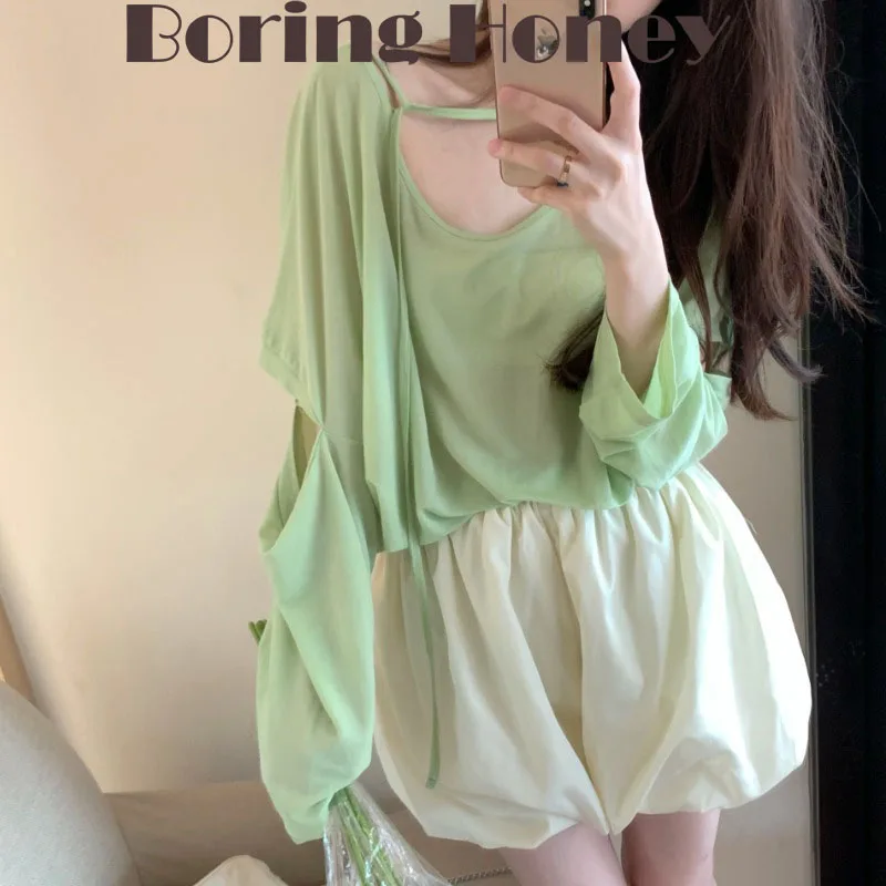 

Boring Honey Korean Style Loose And Comfortable Tops Women Long Sleeve Thin Sun-Protective Solid Colors T Shirts Women Crop Tops