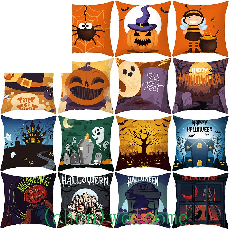 

Halloween Pattern Pillow Cover New Purple Cartoon Pumpkin Castle Print Peach Skin Cushion Cover Car Decoration Cushion Cover