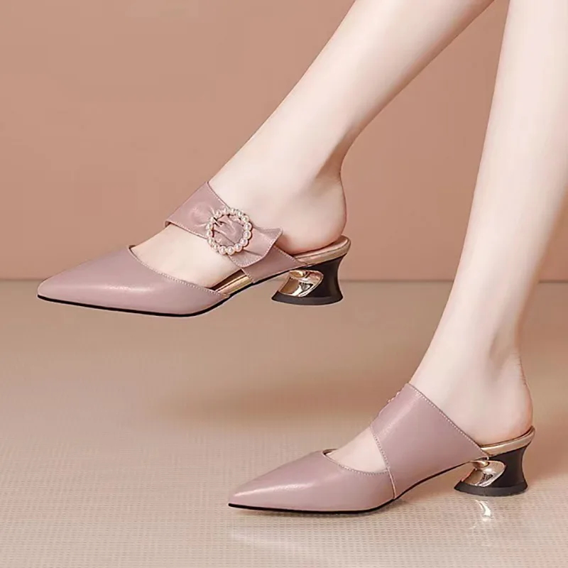 Summer Women String Bead Slides 4 cm High Heels Elegant Dress Shoes Pointed Toe Slippers White Wedding Shoes