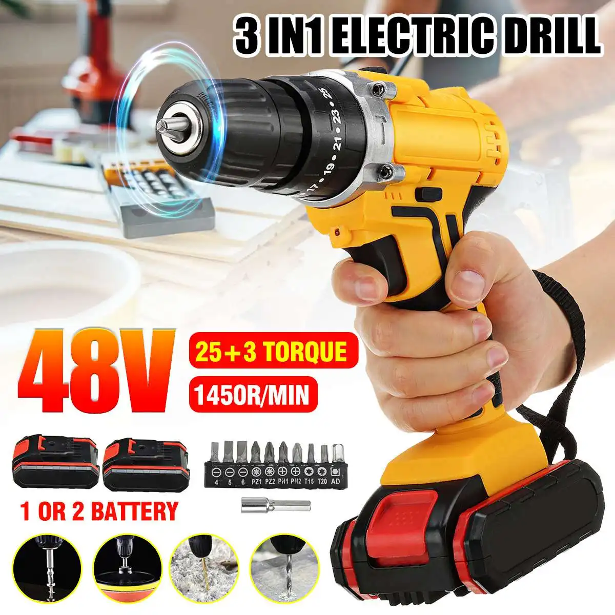 

48V Brushless Rechargeable 10mm Impact Driver Electric Drill Power Tool Impact Screwdrive With 2 Battery 1 Changer Woodworking