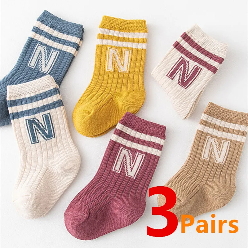 

3 Pairs Children Knit Soft Cotton Letter Socks Kids Long Knee High Socks Infant Toddler Baby Boys Girls Cute Stripe Socks 0-5Yrs