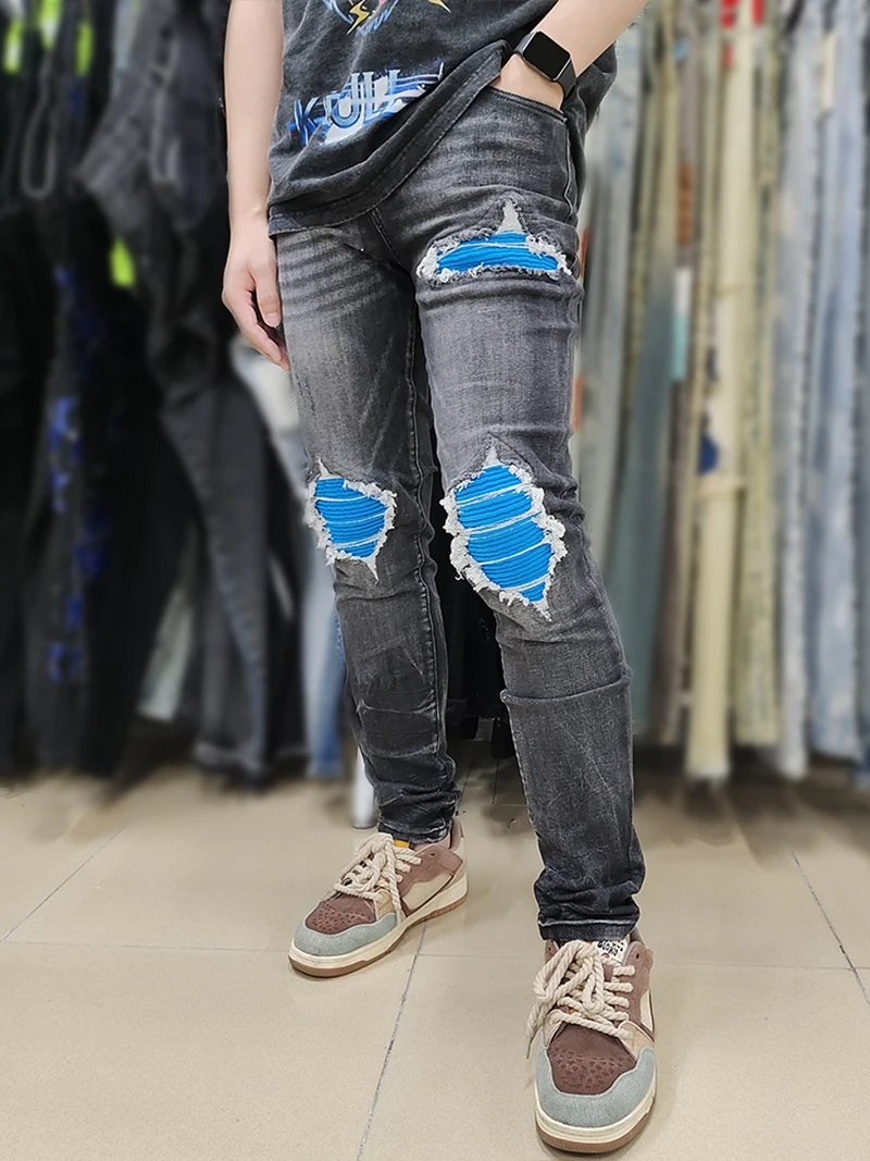 Рваные мужские модные состаренные черные джинсы High Street в американском стиле